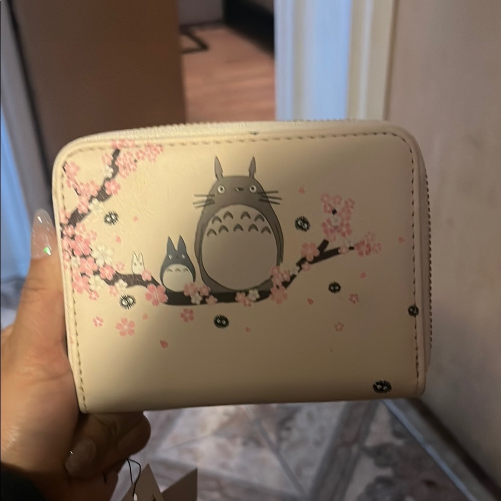 Cream Totoro Wallet with Cherry Blossom Design